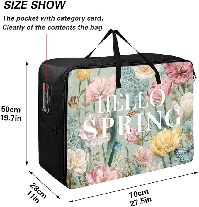 Comforter Storage Bags Large Folding Blanket Organizer Bag with Strong Handles Clear Window Closet Storage Containers for Clothes King Queen Pillows Bedding Quilt Duvet Green Spring Tulip Wildf