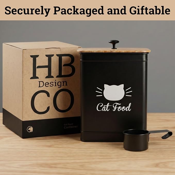 Cat Food Container with Scoop 5-7 lb (25 Cup), with Airtight Bamboo Lid | Cat Kibble Canister with Metal Scoop, 25 Cups, Chew Proof Iron Body, Powder Coated, Airtight Bamboo Lid, Sturdy Metal Handle