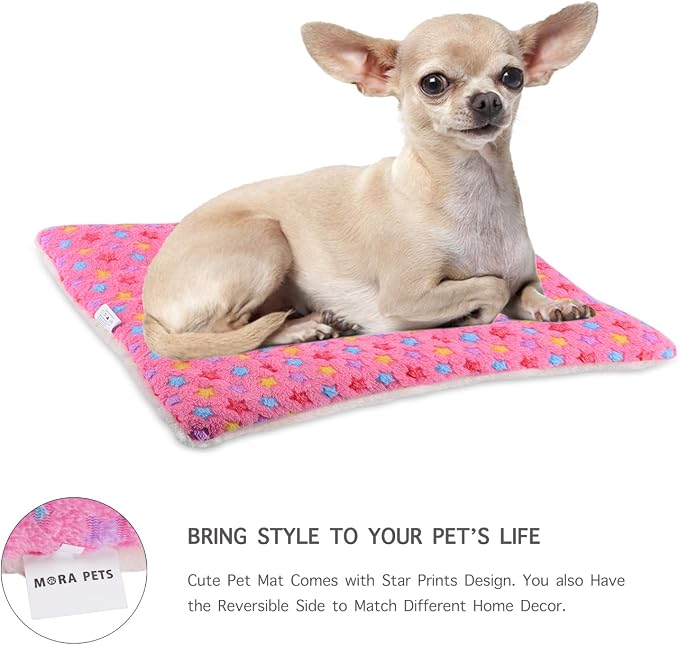 Mora Pets Dog Bed Crate Pad Ultra Soft Pet Mat Star Print 22 Inch Pink | Washable Crate Mat for Large Medium Small Dogs, Reversible Fleece Dog Crate Kennel Mat Flat Cat Bed Liner