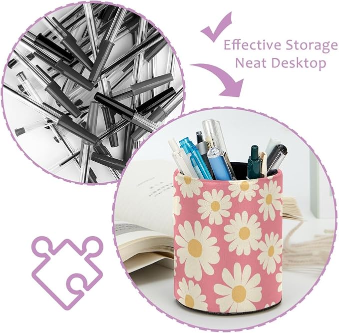 Faux Leather Pen Holder for Desk, Pencil Organizer Pink Daisy Pen Cup Desk Decor Makeup Brush Holder Storage for Office Home