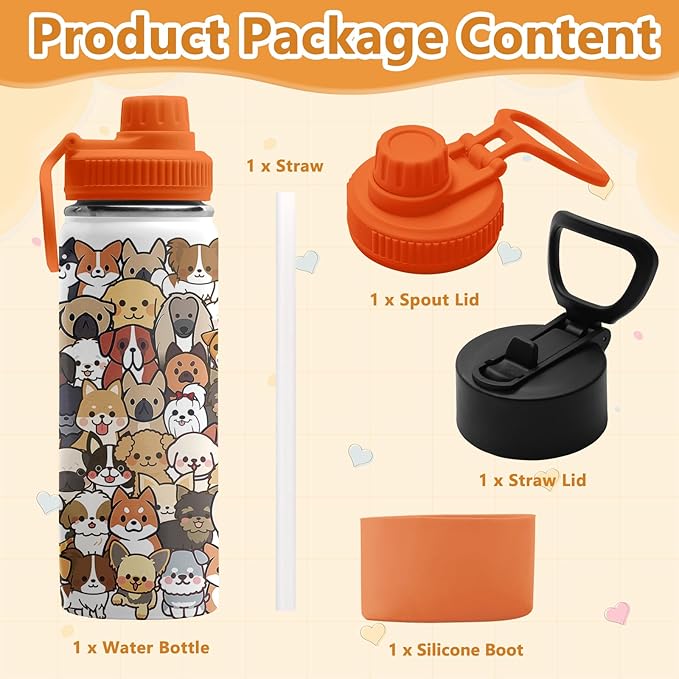 Dogs Gifts for Dog Lovers, 18 oz Stainless Steel Water Bottles with 2 Lids, Insulated Water Bottle with Straw, Dogs Cups for Travel Sports Outdoor, Birthday Christmas Gifts for Boys Girls