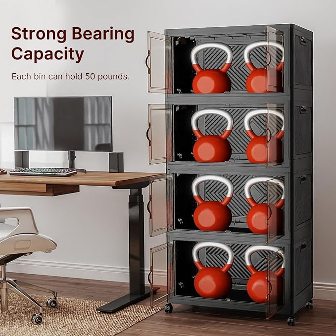 Stackable Storage Bins with Lids, 480QT Lockable Storage Cabinet | Folding Storage Box with Doors and Wheels, Collapsible Plastic Drawers for Home, Garage, Office