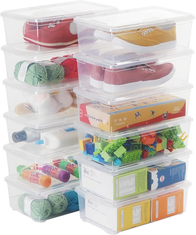 Stackable Plastic Storage Shoebox, BPA-Free Nestable Container with Latching Lid to Organize Shoes, See-Through Box for Home and Office, Multi-Purpose Clear Bins (12 Pack 6 Quart) | BPA-Free, Nestable, Home and Office, Latching Lid, Multi-Purpose