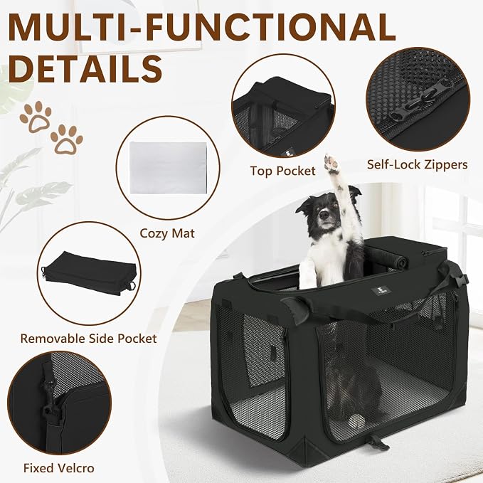 X-ZONE PET Dog Crate 3-Door Kennel, Collapsible Portable Soft Sided Pet Carriers for Indoor & Outdoor, Multiple (36-Inch, Carbon Black)