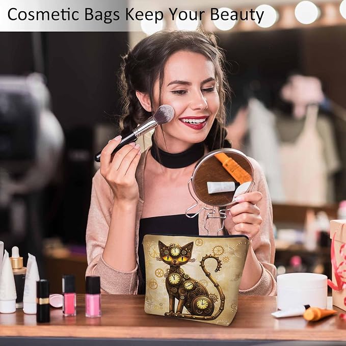 Steampunk Cat Makeup Organizer Bag Cosmetic Bag For Men Women, Brown Gearwheel Clock Steampunk Cat Travel Toiletry Bag Flax Makeup Bags Purse Business Makeup Pouch For Toiletries Cosmetics