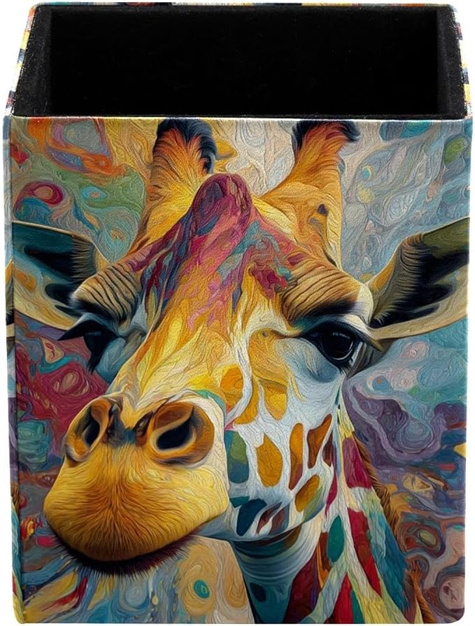 Giraffe Pen Holder for Desk Decor, Rectangular PVC Leather Pencil Cup for Desk Pen Organizer, Makeup Brush Holder for School, Home, Office