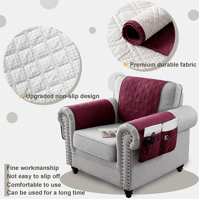 Recliner Armrest Cover with Headrest, Chair Armrest Slipcover with Side Pockets, Water-Resistant, Non Slip Furniture Protector for Pets (Wine Red,3 Seater 5PCS)