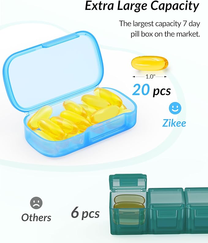 ZIKEE Weekly Pill Organizer with Large Individual Containers, BPA-Free | Portable Pill Box 7 Day for Pocket, Purse, Weekly Pill Case, Pill Container for Medication, Vitamin, Fish Oil, Supplement