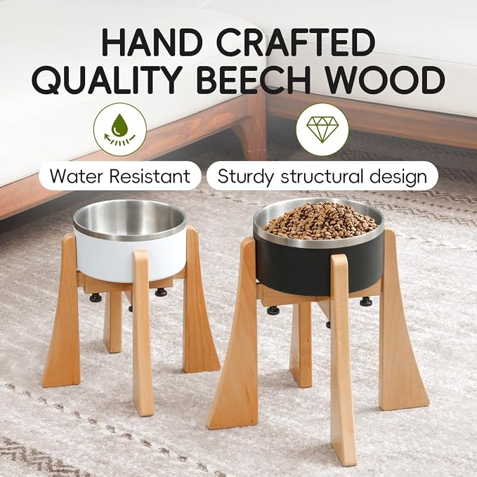 Solid Wood Elevated Dog Bowl Stand with Adjustable Width, 12-Inch Raised | Fits 6.3-7.8 Inch Dog Food & Water Bowls, Non-Slip Base, Ergonomic Design for Corgis, Beagles, Medium Breeds, Stand Only