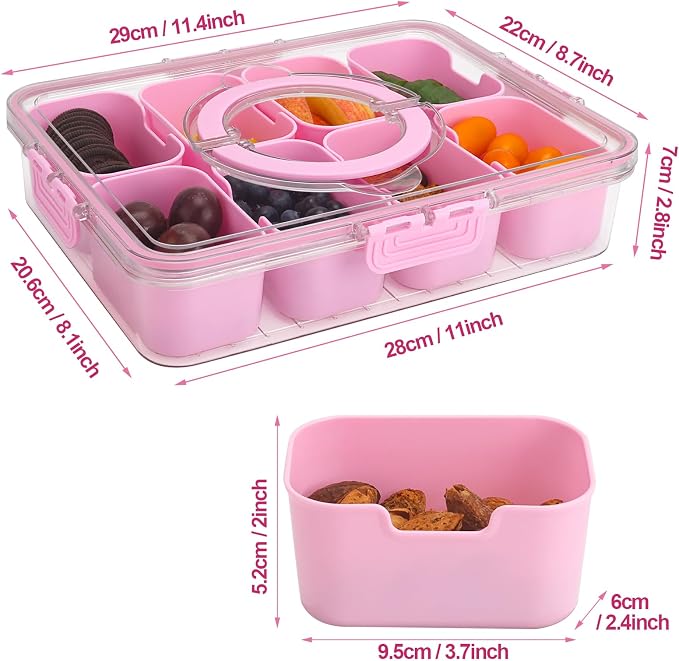 2Pcs Snackle Box Snack Containers with Lid Divided Serving Tray with Handle | Portable Snack Platter Fruit Veggie Trays Snackele Box Containers for Charcuterie, Party, Snack, Nuts, Beach, Travel, Picnic