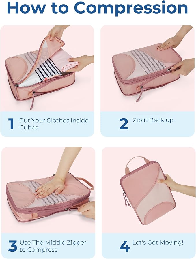 Bagsmart Compression Packing Cubes, Travel Bag Cruise Ship Essentials | Lightweight, Compressible Suitcase Organizer Set fit Standard Carry-On & Checked Luggage, 6 Set, 14 Set Washable Packing Bags