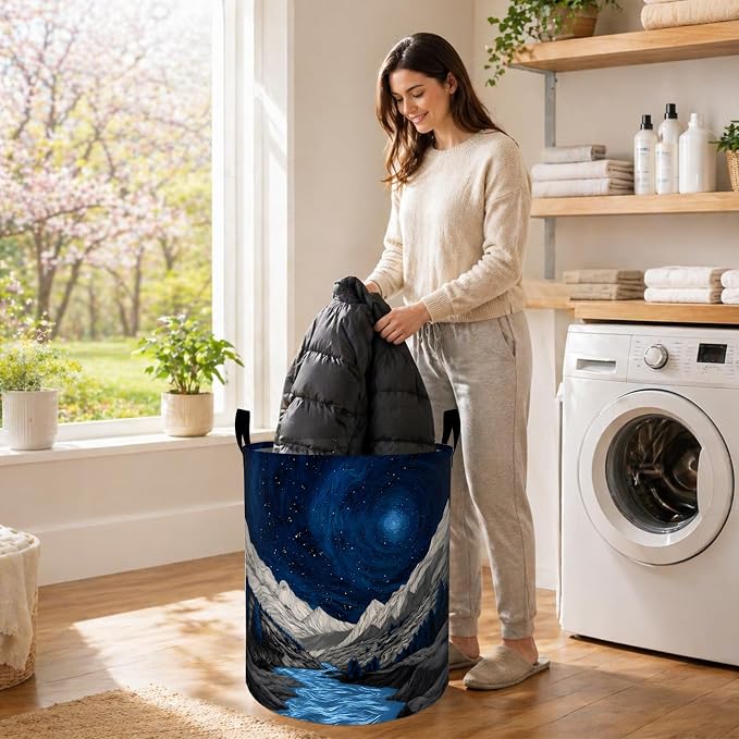 Starry Night Mountain Laundry Basket, Abstract River Oxford Cloth Dirty Clothes Collapsible Hamper for Room Decor, Nature Gifts, Toy Organizer 19.7 x 15.7 Inches for Bedroom Bathroom Dorm