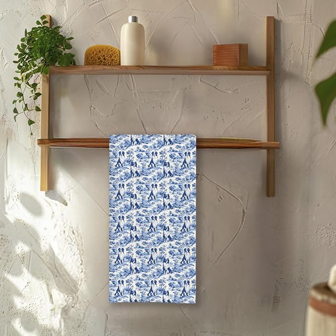 Chicimln Chinoiserie Border Collie Kitchen Towels, Border Collie Gifts Decorative Hand Towels for Bathroom, Blue and White Dog Dish Tea Towel Drying Cloth for Kitchen Decor, 16x24 Inch
