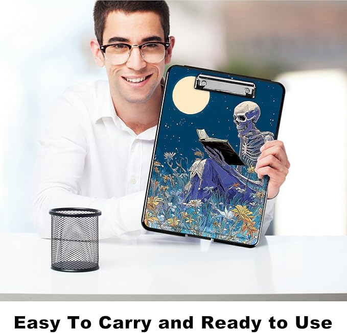 Heavy Duty Storage Clipboard, Slim Nursing Clipboard with Internal Pen Case, Portable File Organizer Case for A4 Letter Size Paper Office Medical Professionals, Book Skull Flower