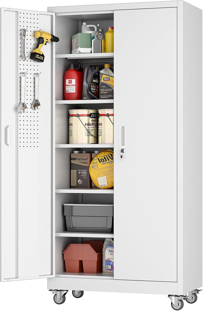 71" White Metal Storage Cabinet with Wheels and Pegboard | 16"D x 32"W x 71"H steel cabinet; lockable doors, 5 adjustable shelves, and wheels for garage, office, pantry.