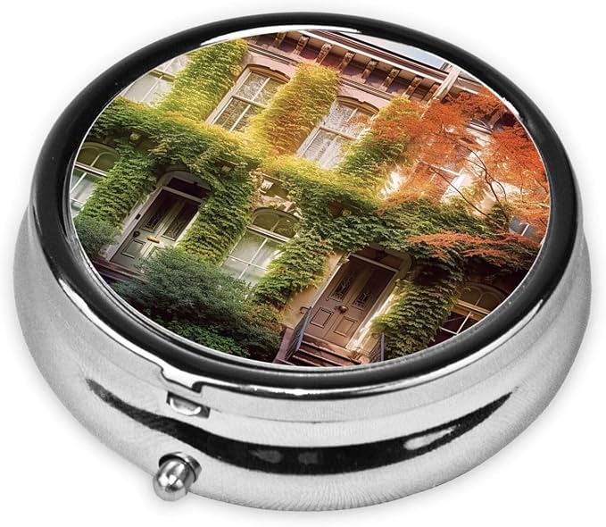 Round Pill Box Leafy Townhouses Pill Case for Purse & Pocket 3 Compartment Pill Organizer Portable Travel Pillbox Medicine Pill Holder Container for Daily Vitamin Cod Liver Oil Storage