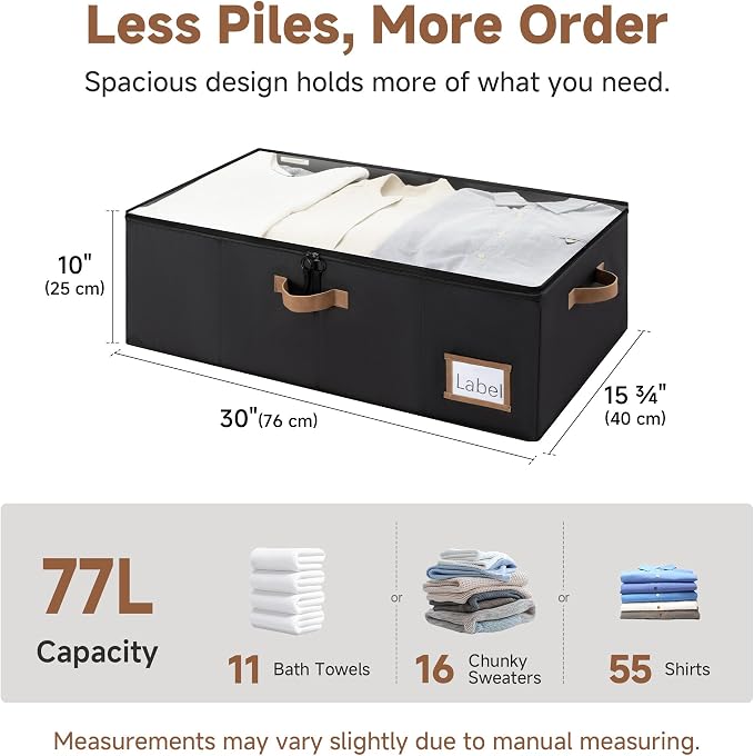 StorageWorks 10 Inch Tall Under Bed Storage Containers with Clear Lid | Reinforced Structure, Resists Sagging, Handles & Label Holder, Foldable Stackable Closet Storage for Clothes, Blankets, Toys