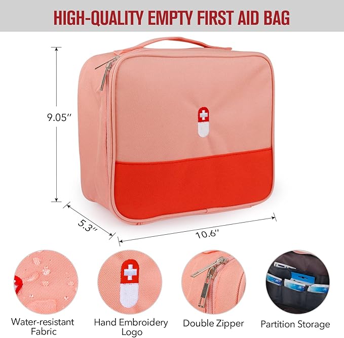 First Aid Bag, Empty Medical Supplies Organizer Bag Trauma Kit for Traveling Hiking Camping Backpacking Cycling, Pink