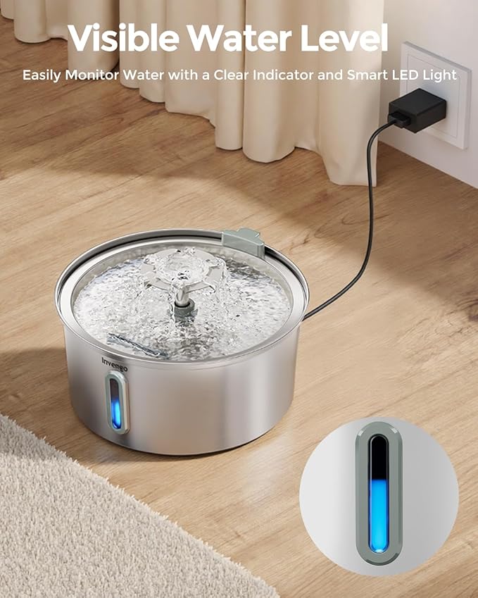 Invengo Cat Water Fountain Stainless Steel 3.2L/108oz, Automatic Pet Fountain for Cats & Dogs, Ultra Quiet <25 dB Pump, LED Water Level Window, Easy to Clean