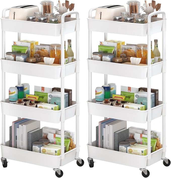 Sywhitta 4-Tier Plastic Rolling Utility Cart with Handle, Multi-Functional Storage Trolley for Office, Living Room, Kitchen, Movable Storage Organizer with Wheels, White (Pack of 2)