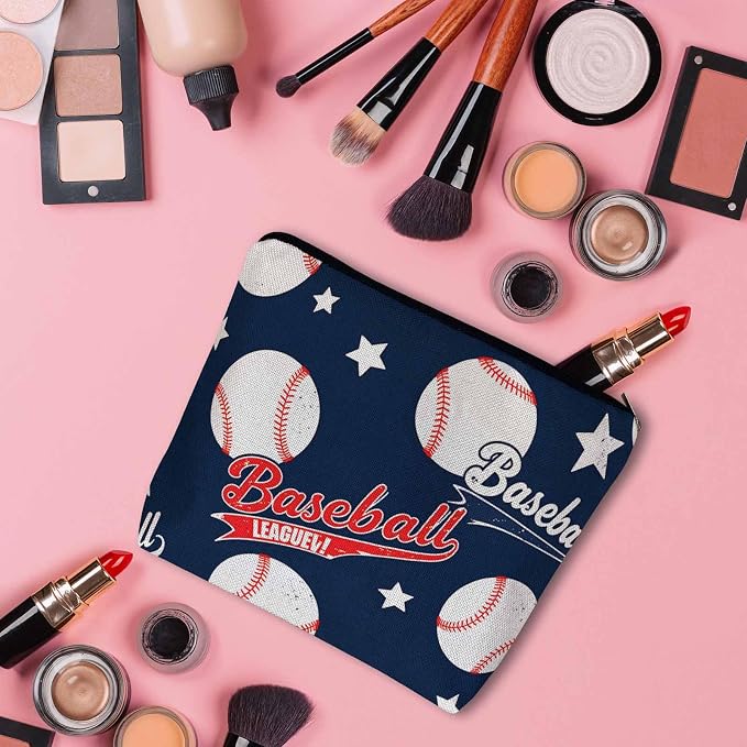 Baseball Makeup Organizer Bag Cosmetic Bag For Men Women, Sports Ball Softball Baseball Blue Travel Toiletry Bag Flax Makeup Bags Purse Business Makeup Pouch For Toiletries Cosmetics