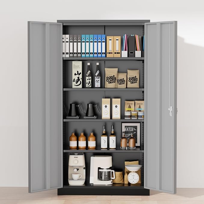 Greenvelly Metal Storage Cabinet, 72" Locking Metal Garage Storage Cabinet with Doors and 4 Adjustable Shelves, Lockable Steel Cabinet for Home Office, Garage, Shop, School (Black Grey 36" W x 18" D)