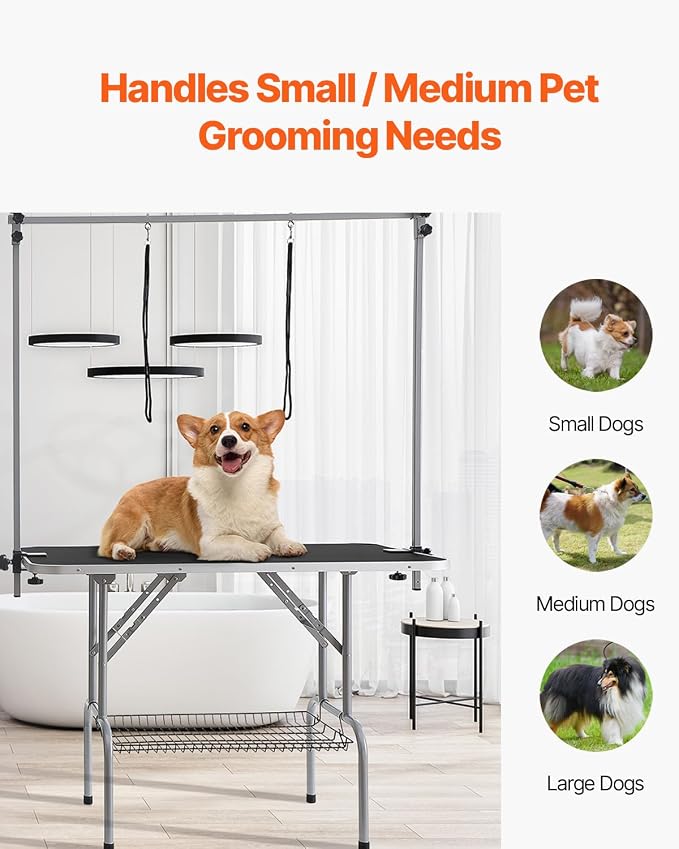 VEVOR Pet Grooming Table, 46 Inch Grooming Station with 2 Height Adjustable Arms, 330LBS Static Load Capacity, Foldable Dog Groom Station with No-Sit Haunch Holder with Loop, for Medium/Small Dogs