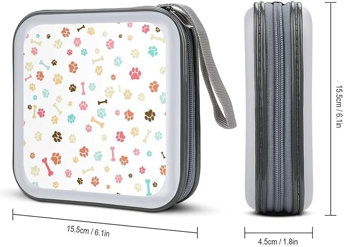 Pets Paw CD DVD Storage Case，Premium Plastic And Non-Woven, Waterproof with Handle, Portable Zippered Organizer