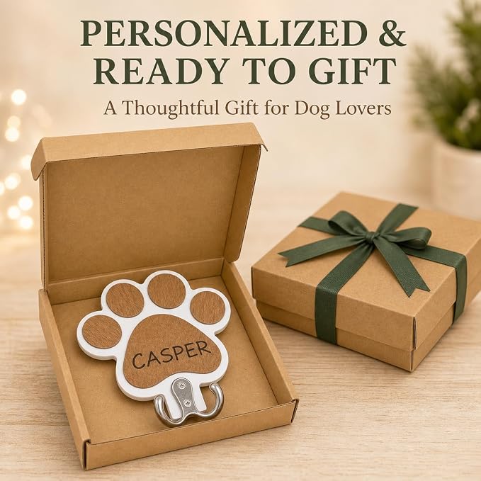 Personalized Dog Leash Holder for Wall, Custom Paw Print Wooden Wall Hook with Pet Name, Double Hook Organizer for Leashes Collars and Keys, Entryway Decor, Gift for Dog Lovers