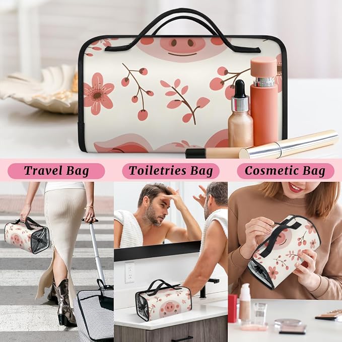Cute Pig Faces Makeup Bag for Women Hanging Roll-Up Travel Organizer Toiletry Kit with 4 Removable Compartments, Pink Pig