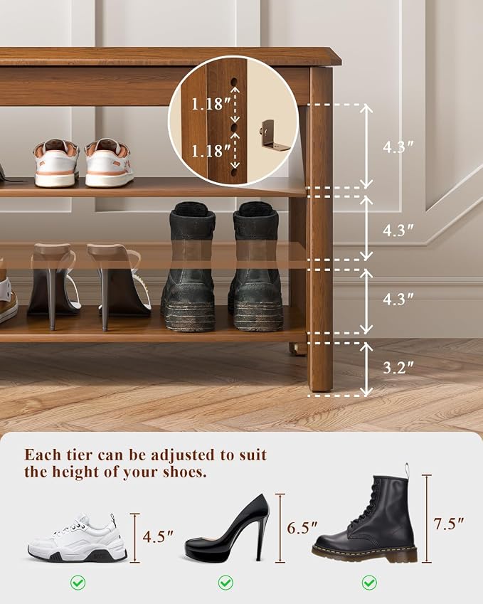 IUNVR Shoe Rack Bench Seat Rubberwood 3-Tier Wooden Storage Bench 550lbs Compact Mid-Century Modern Design for Entryway, Hallway, Closet, Front Door Entrance, Foyer