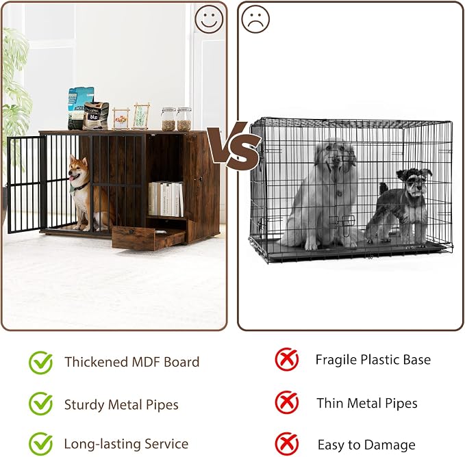 PETSITE 47.5-inch Dog Crate Furniture, Heavy-Duty Wooden Dog Kennel with Hidden Bowls in Pull-Out Drawer, Storage Cabinet, and Chew-Resistant Metal Frame, Industrial Style for Small & Medium Sized