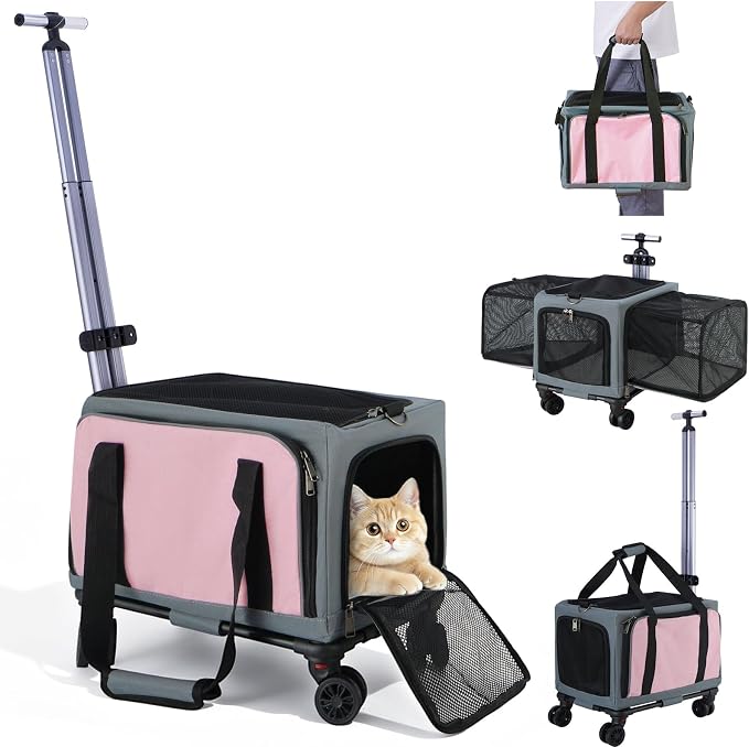 3-Sided Expandable Rolling Pet Carrier with Wheels, Small Cat Dog Travel Carrier, Foldable Portable Bag Grey Pink for Travel Camping Vet Outdoor Indoor Use