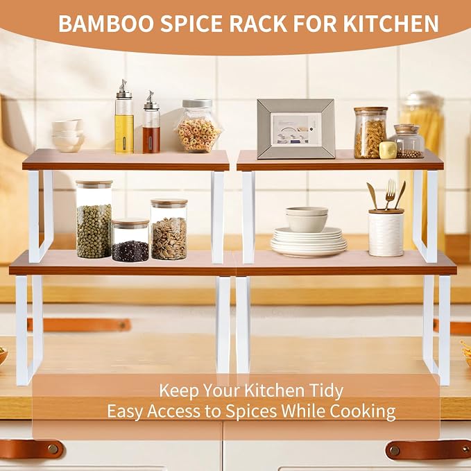 2 Pack Expandable Cabinet Shelf, Wood & Metal Warm Bamboo | 2pack expandable cabinet shelf organizer 11.8-23.2 wood&metal 35lbs natural kitchen pantry spice rack stackable