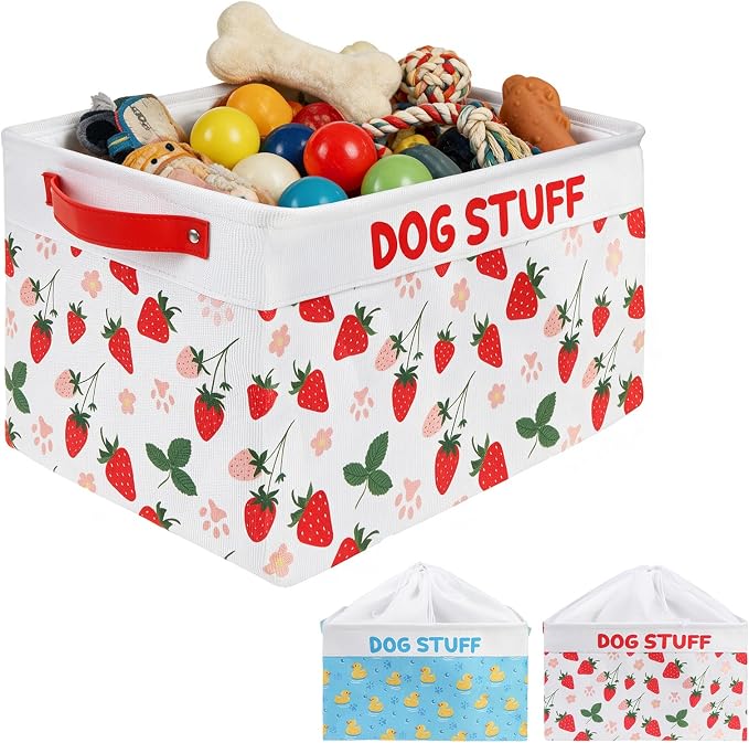 Dog Toy Basket, Collapsible Dog Toy Bin Box with Drawstring Cinch Top &Handles, Pet Food Storage Organizer for Dog Toys, Apparel, Blankets and Leashes, Pink Strawberry, L, 15.3"x13"x12"