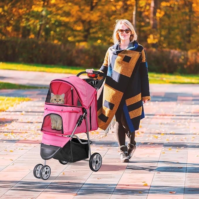 ZENY Pet Stroller for Small/Medium Dogs and Cats Foldable Dog Stroller | with 3 Wheels, Pet Strolling Cart, Dog Travel Carrier with Storage Basket, Cup Holder, Pink
