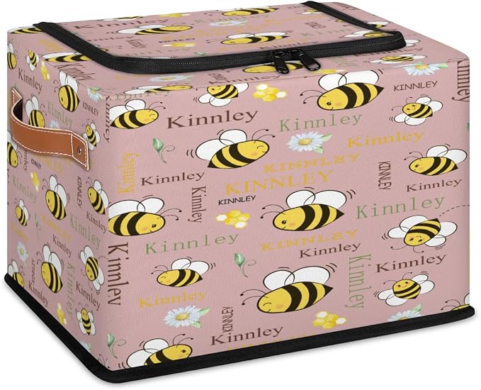 Custom Rectangle Storage Basket Zipper Lid, Personalized Name Organizer Bin for Pet/Children Toys, Books, Clothes, Perfect for Rooms/Playroom, Cartoon Bee with Daisy Floral Grey Pink