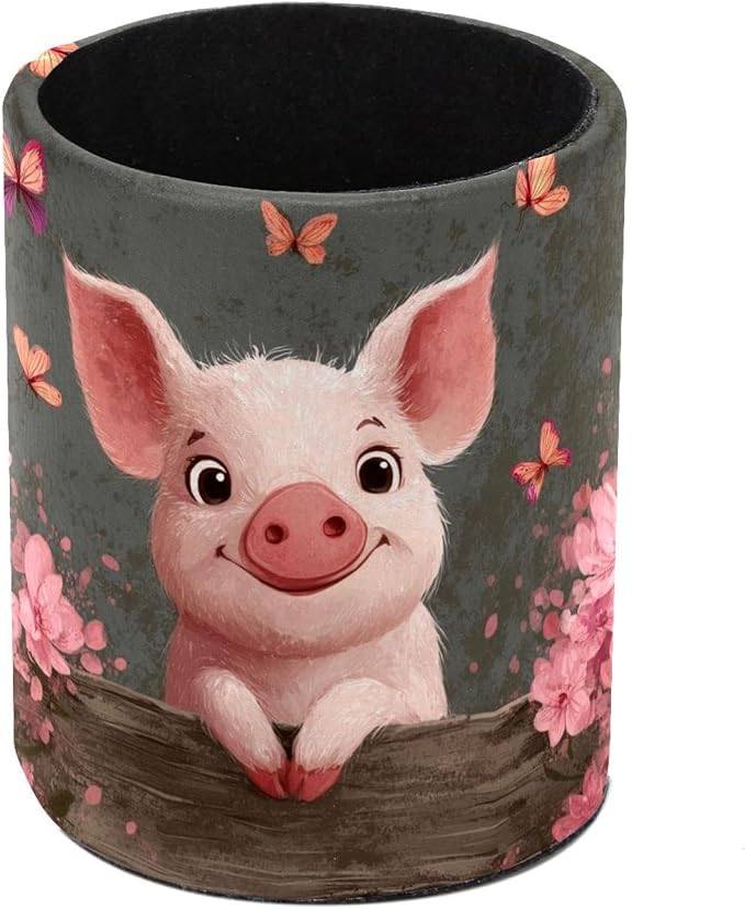 Faux Leather Pen Holder for Desk, Pencil Organizer Cute Pig Pen Cup Desk Decor Makeup Brush Holder Storage for Office Home