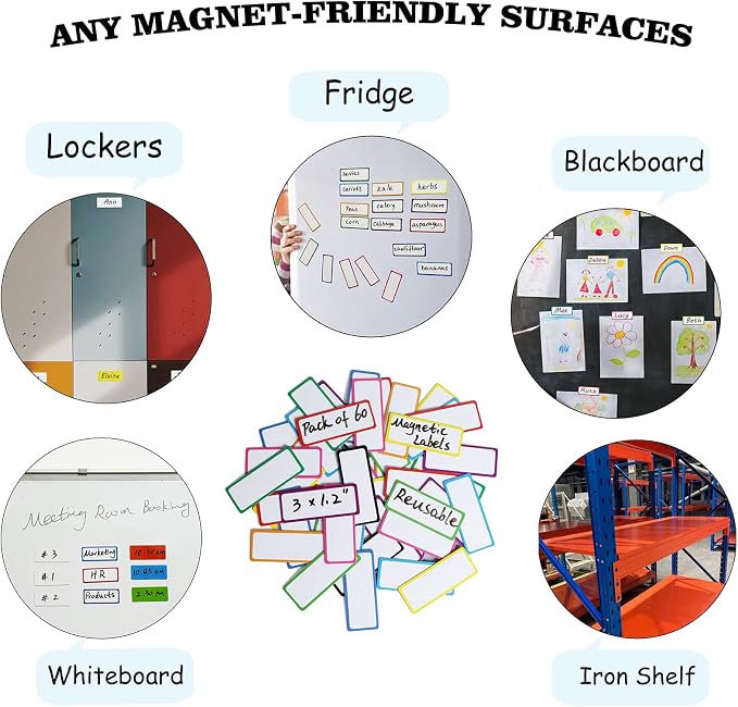 Dry Erase Magnetic Labels-60 PCS Reusable and Writable Name Magnets | 3"x1.2" color-framed labels for metal lockers and refrigerators, perfect for Home, office, school organization