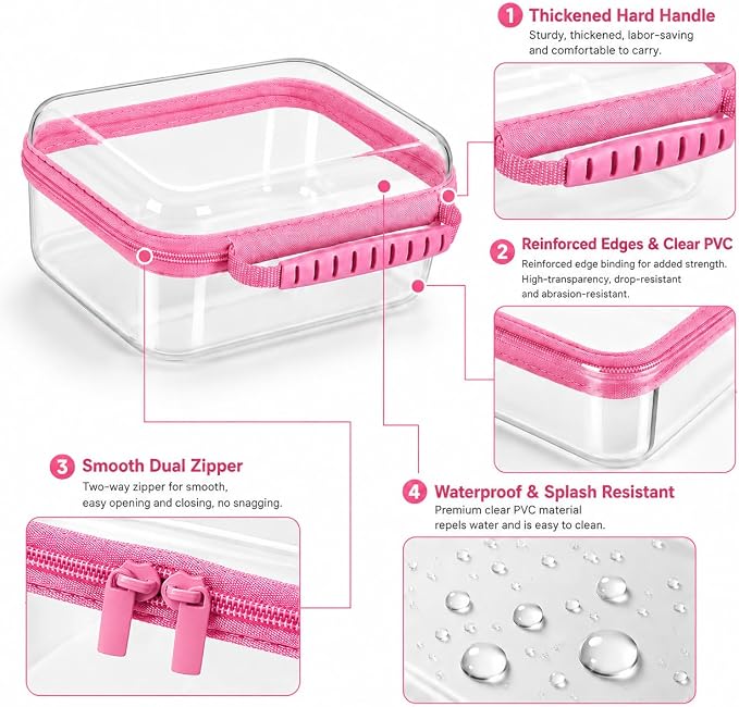 Clear Hard Shell Zipper Case 3PCS Set, 1.2mm PET Travel Organizer | Deep waterproof stackable storage pouches with handle. Heavy duty clear zipper bags for travel, makeup, toys and snacks