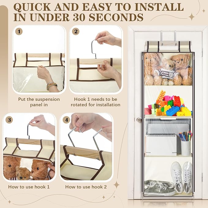 SATINIOR Hanging Stuffed Animal Storage with Zippers Dustproof over The Door Organizer with Large Pockets Different Hanging Methods for Shoes, File(Transparent,4 Layer)