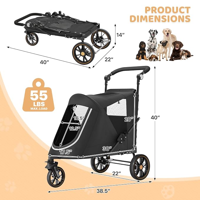 Magshion Pet Stroller for Medium Large Dog, 3-Wheel Foldable Jogger, Black | All-Terrain with Adjustable Handle, Dual Entry, Rear Storage, Breathable Mesh, One-Foot Brake, Up to 55 lbs