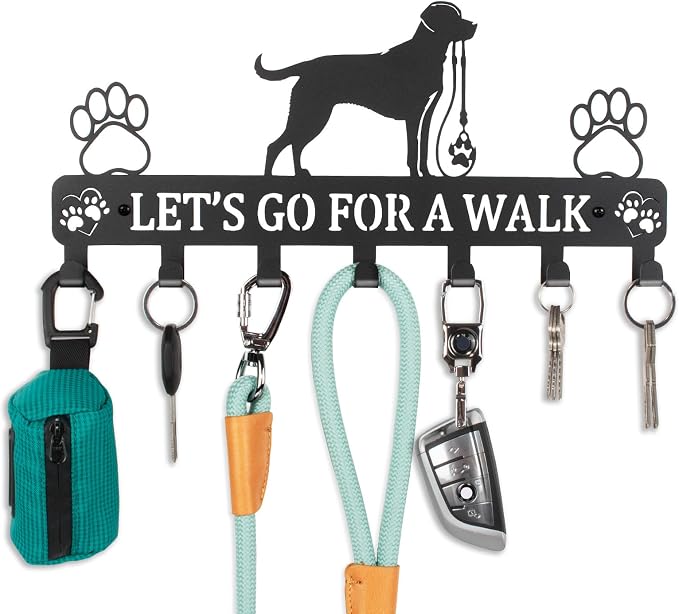 Key Holder Wall Mount & Dog Leash Holder for Wall, Metal Key Rack with 7 Hooks for Entryway/Hallway/Kitchen Decor, Dog Paws Design Wall Organizer with Screw Anchors