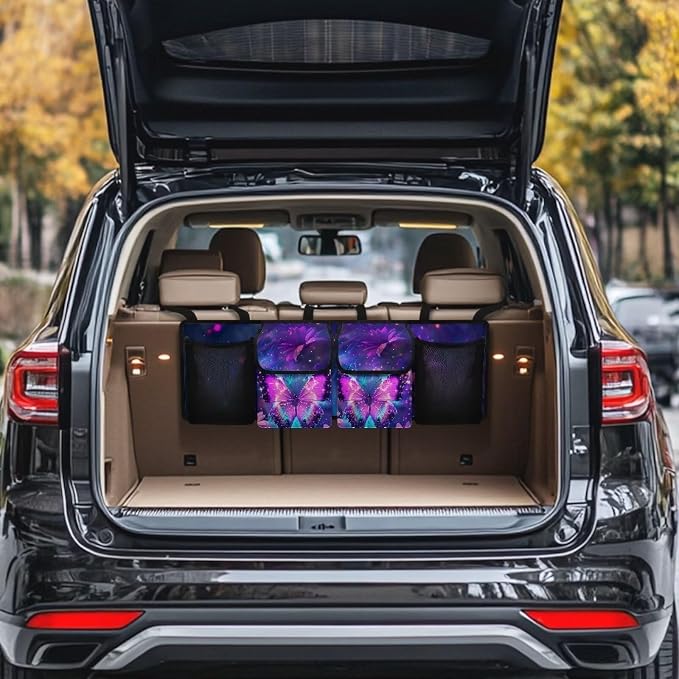 Dreaweet Purple Butterfly Trunk Organizer for Car Women,Large Capacity Car Backseat Hanging Organizer for SUV,Van,Car,Cargo Storage Collapsible with 4 Pockets Adjustable Straps
