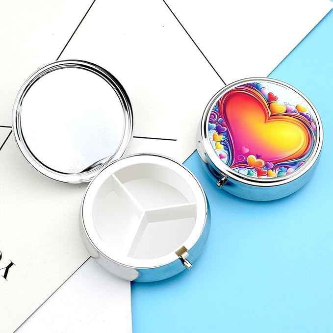 Love Heart Metal Round Pill Box, 3 Compartment Travel Organizer, Portable Pill Container with Secure Latch, 2 Inch Circular Vitamin Caddy for Pills and Vitamins, Gift for Him Her Elderly