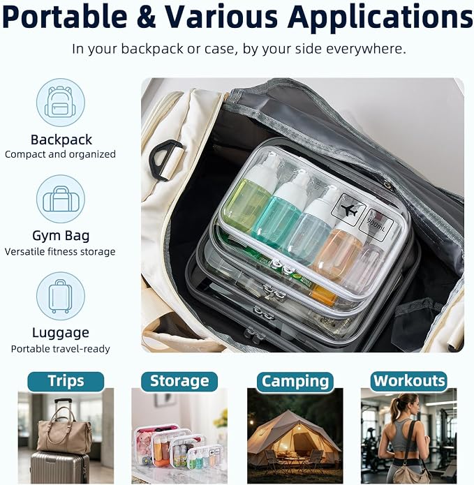4 Sizes Clear Hard Shell Zipper Case, TSA Accepted Travel Bags | Clear Organizer Bags for Toiletries, Splash-proof Toiletry Containers, Clear Zipper Pouches, Organizer Bags for Toiletries