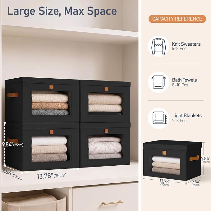 DIMJ Storage Bins with Lids - 4 Pack Large Fabric Closet Organizer with Window & Handles, Collapsible Decorative Storage Boxes for Shelves Under Bed, Books Clothes Blankets Sweaters Organization