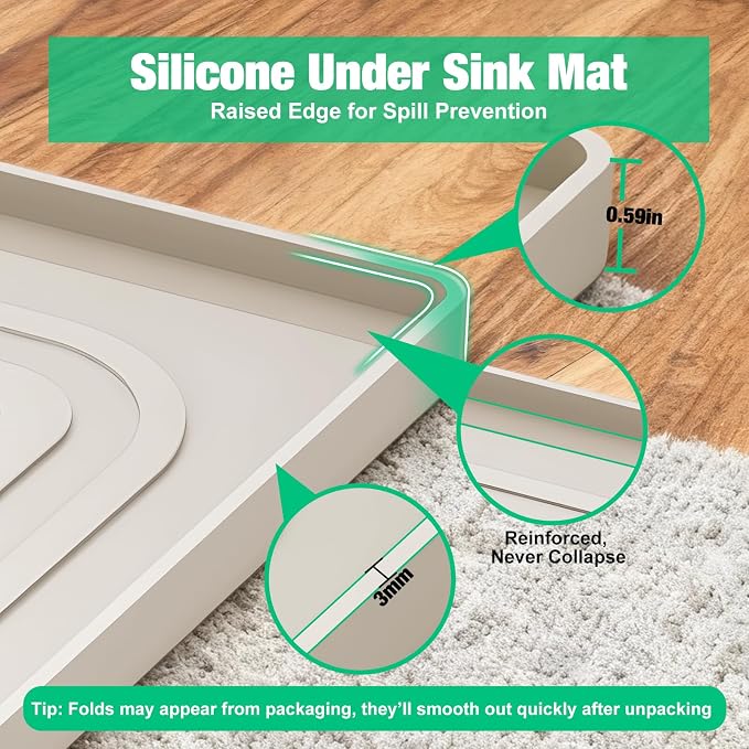 Under Sink Mat 22 X 19, Waterproof Silicone Cabinet Kitchen Liner, Beige | BPA-Free Raised-Edge Cabinet Protector & Leak Tray for Bathroom Cabinets, Boots, Pet Feeding Dog & Cat Mats, Dishwasher Safe