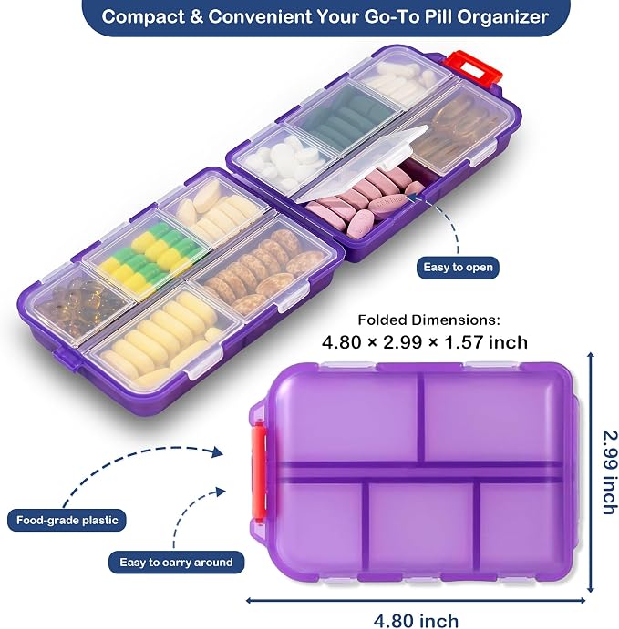 Extra Large Pill Organizer with 161 Medicine Labels, Travel Pill Case | Purple Extra large case with 10 compartments for 7-day pill planning, vitamins, supplements, and travel
