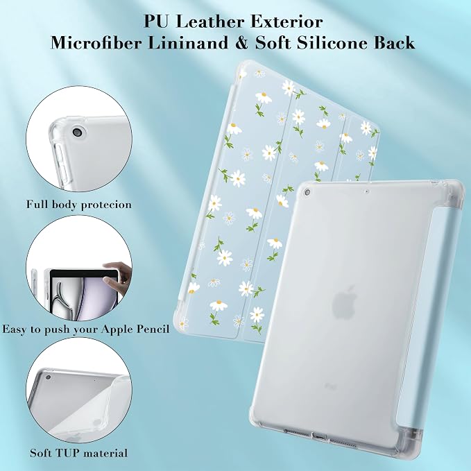 Cute White Floral Case for 13" iPad Pro(2024), Clear TPU Smart Stand Back Cover with Pencil Holder, Auto Wake/Sleep Foldable Shockproof Protective Case